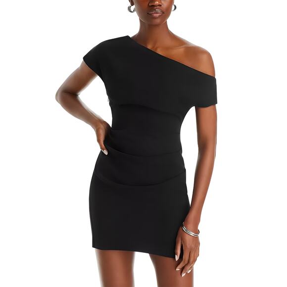 Bardot Lelita Ruched Asymmetrical Neck Mini Dress Black Size XS - Picture 1 of 9
